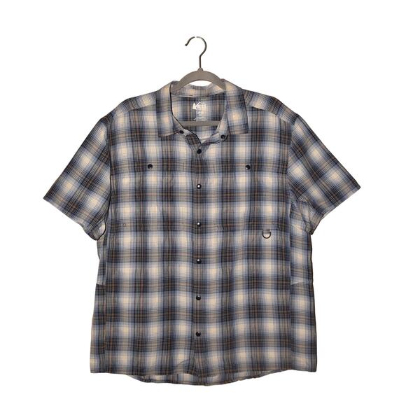 REI CO-OP $65 Blue Savanna Trails Plaid Snap Shirt Short Sleeve Men's Large - Picture 1 of 3